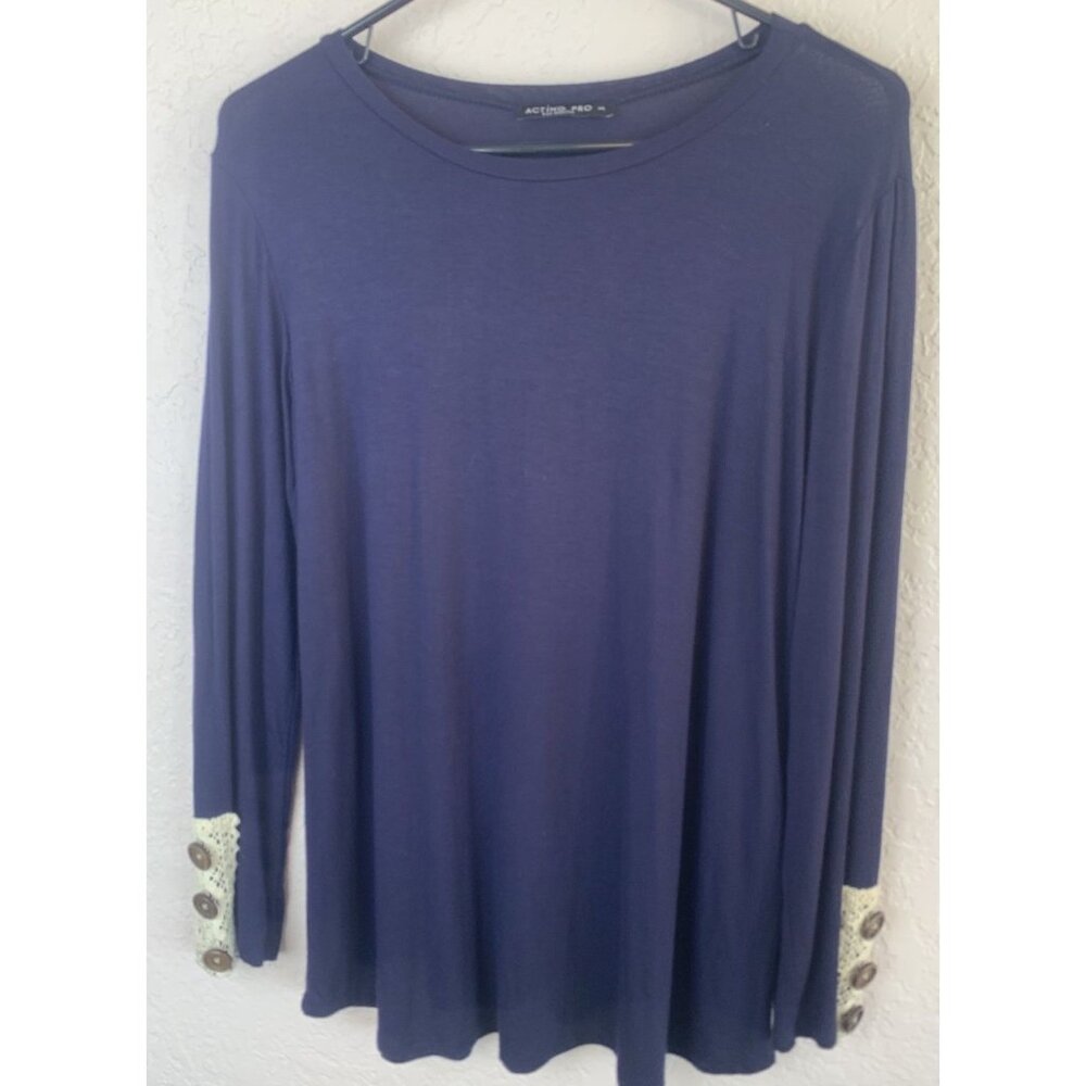 Acting Pro Navy Long sleeve Crochet Buttons Tunic Size M
